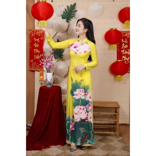 SET ÁO DÀI LỤA HỌA TIẾT BÔNG SEN