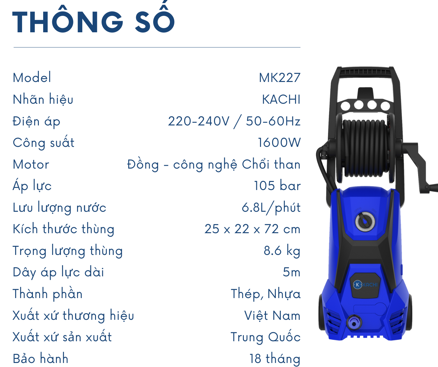 Máy Phun Xịt Rửa Cao Áp Kachi MK227 1600W – Có Trục Cuốn Dây