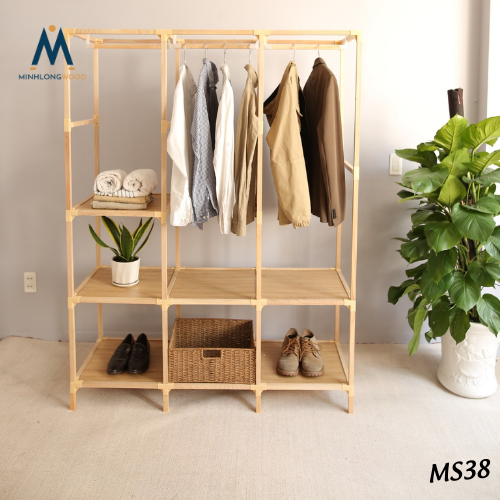 Tủ Treo Quần Áo - Giá Treo Quần Áo - Minhlongwood 3 Buồng 7 Ngăn - M38 Trang Trí Nội Thất-Màu Gỗ Tự Nhiên