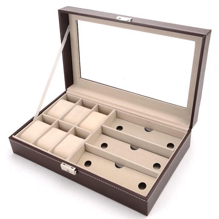 Hộp đựng kính mắt, đồng hồ 9 ngăn da PU cao cấp kích thước 33x20x8cm