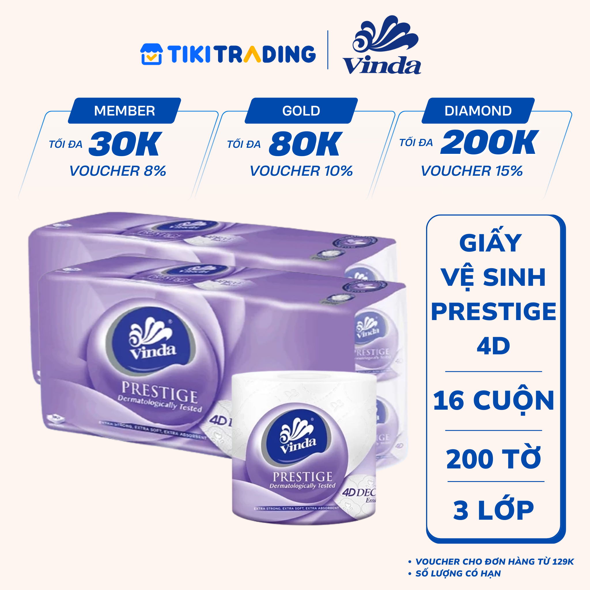 Combo 2 Lốc Giấy Vệ Sinh Cao Cấp Vinda 3 Lớp - Prestige 4D