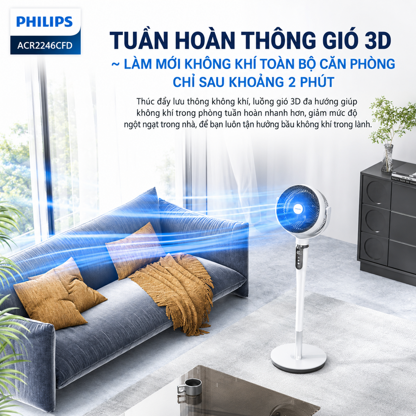 Quạt tuần hoàn không khí 8 cấp độ gió động cơ biến tần DC thương hiệu Hà Lan Philips ACR2246CFD Serial 2000 - Hàng chính hãng