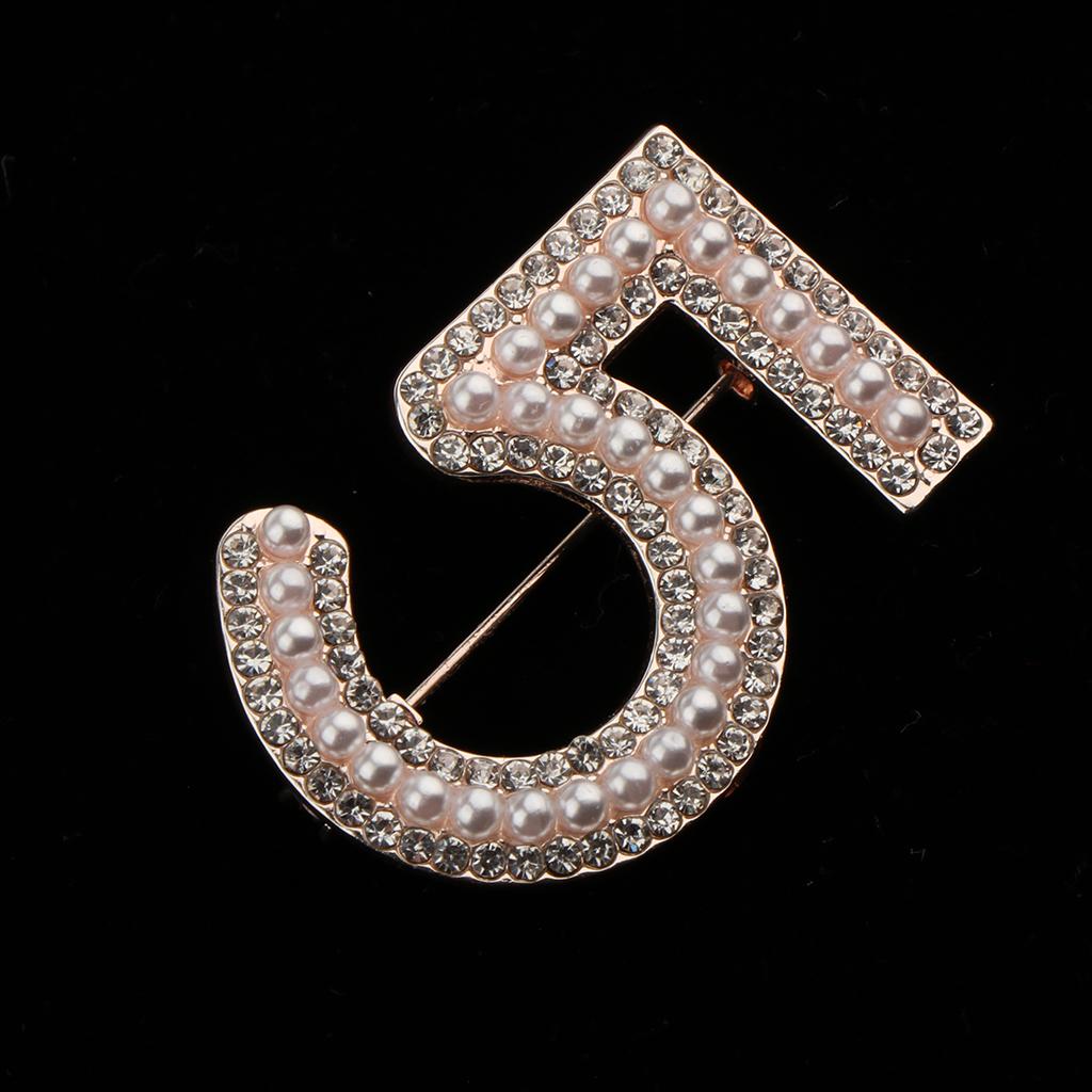 Fashion Women Crystal Rhinestone Pearl Number 5 Brooch Pin Jewelry Gold