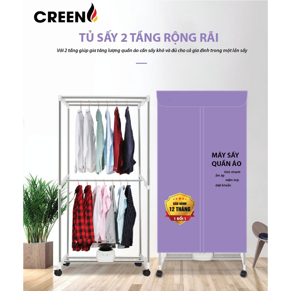 Máy sấy quần áo 2 tầng Creen CR-TS160 công suất 1500W, khối lượng sấy 20kg, sấy khô tĩnh học - Hàng chính hãng