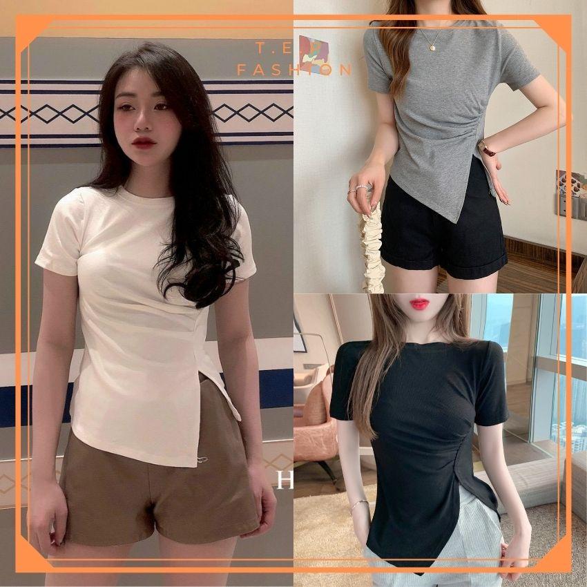 Áo Phông Nữ Ngắn Tay Cổ Tròn Nhún Eo Xẻ Tà Cách Điệu Tep Fashion - AP009