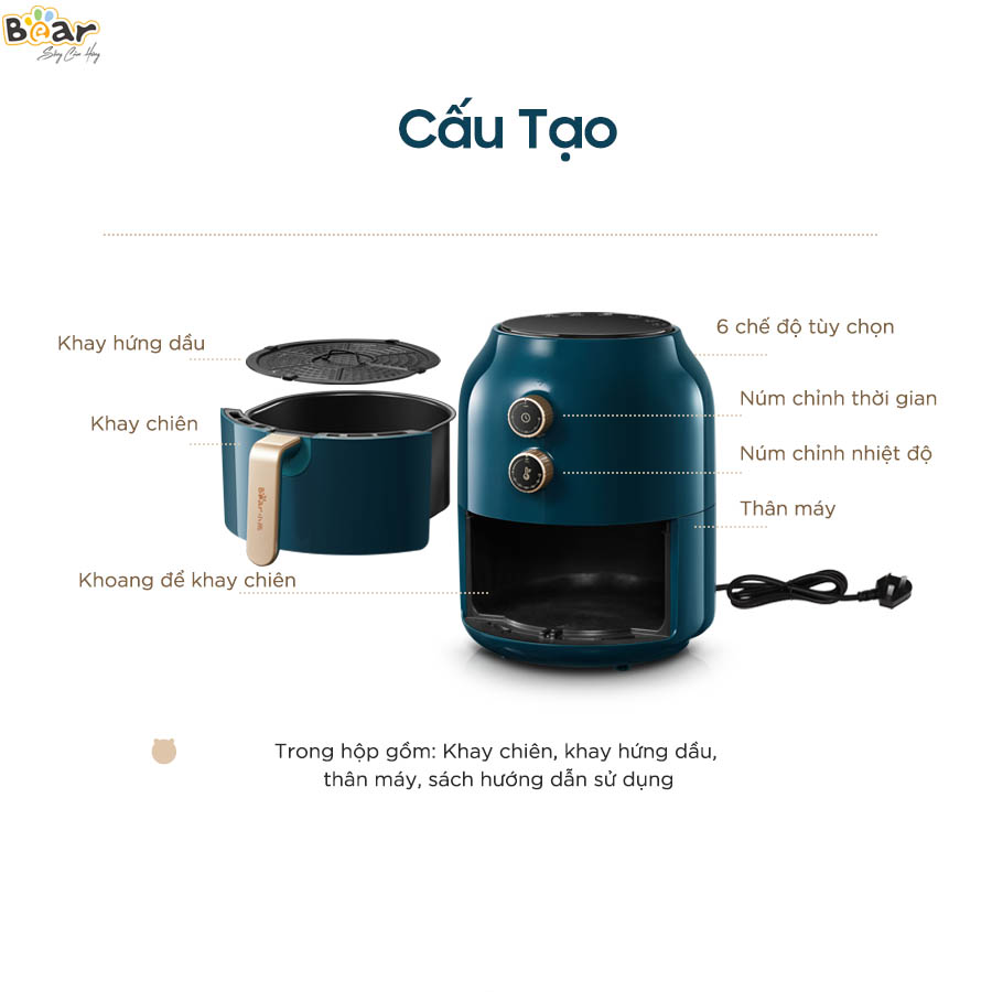 Nồi chiên không dầu 3.5L Bear Air Fryer VS-8083A - Đa chức năng, tự động thông minh - Bảo hành 18 tháng