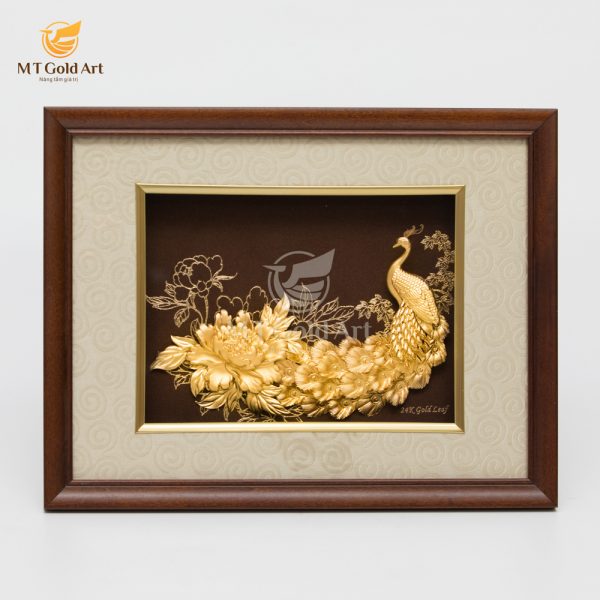 Tranh Chim Công Mẫu Đơn (25×32cm) MT Gold Art- Hàng chính hãng, trang trí nhà cửa, quà tặng dành cho sếp, đối tác, khách hàng