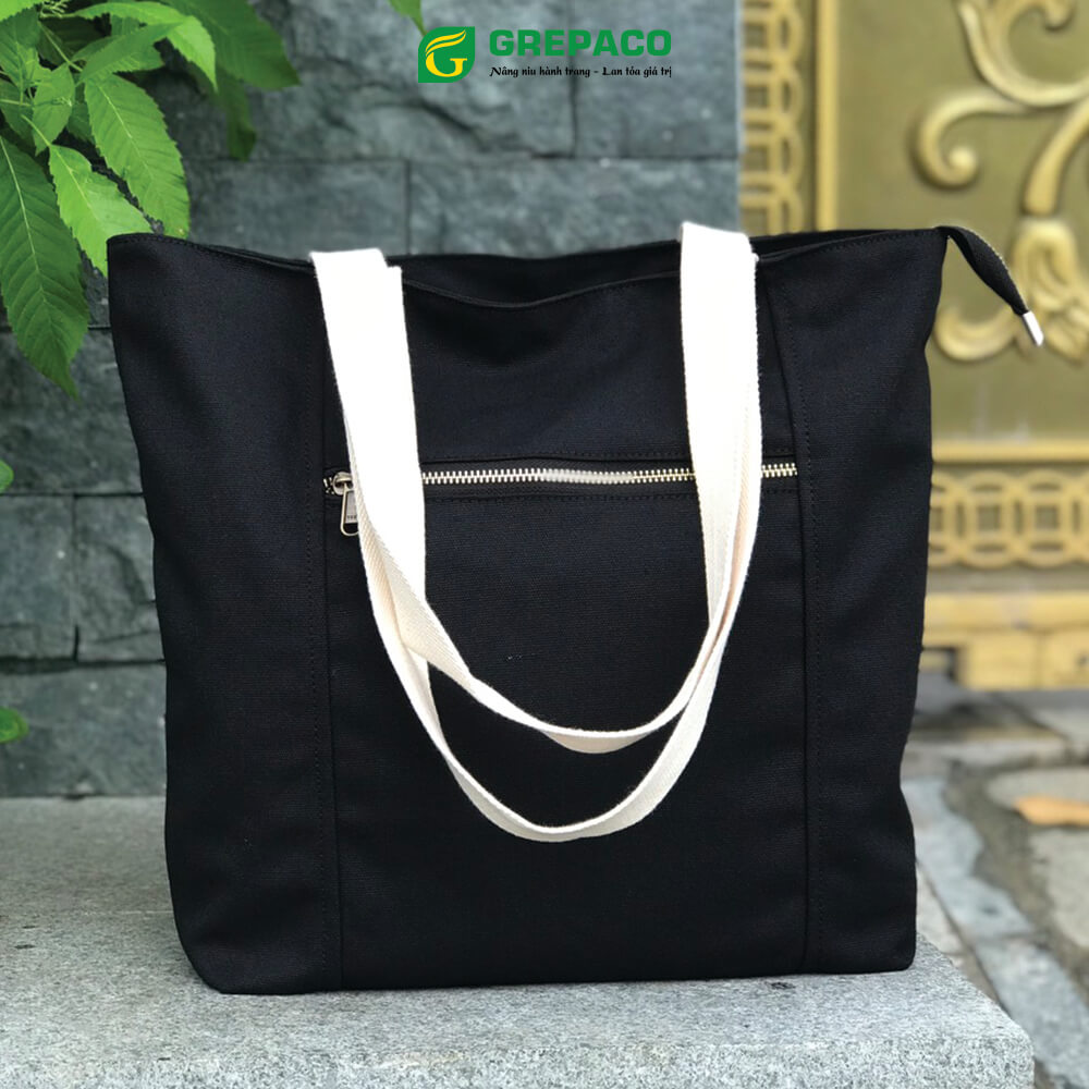 Túi Tote Xách Nữ Grepaco Vải Bố Canvas Cao Cấp Màu Đen Đẹp Đeo Chéo Vai Có Khóa Kéo Nhiều Ngăn Dùng Đi Học, Làm Công Sở, Du Lịch Phong Cách Thời Trang Hàn Quốc - Tặng Túi Đựng Mỹ Phẩm