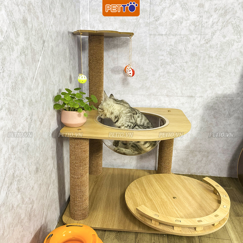 Trụ cào móng cho mèo bằng gỗ kèm lồng kính xinh xắn CT044