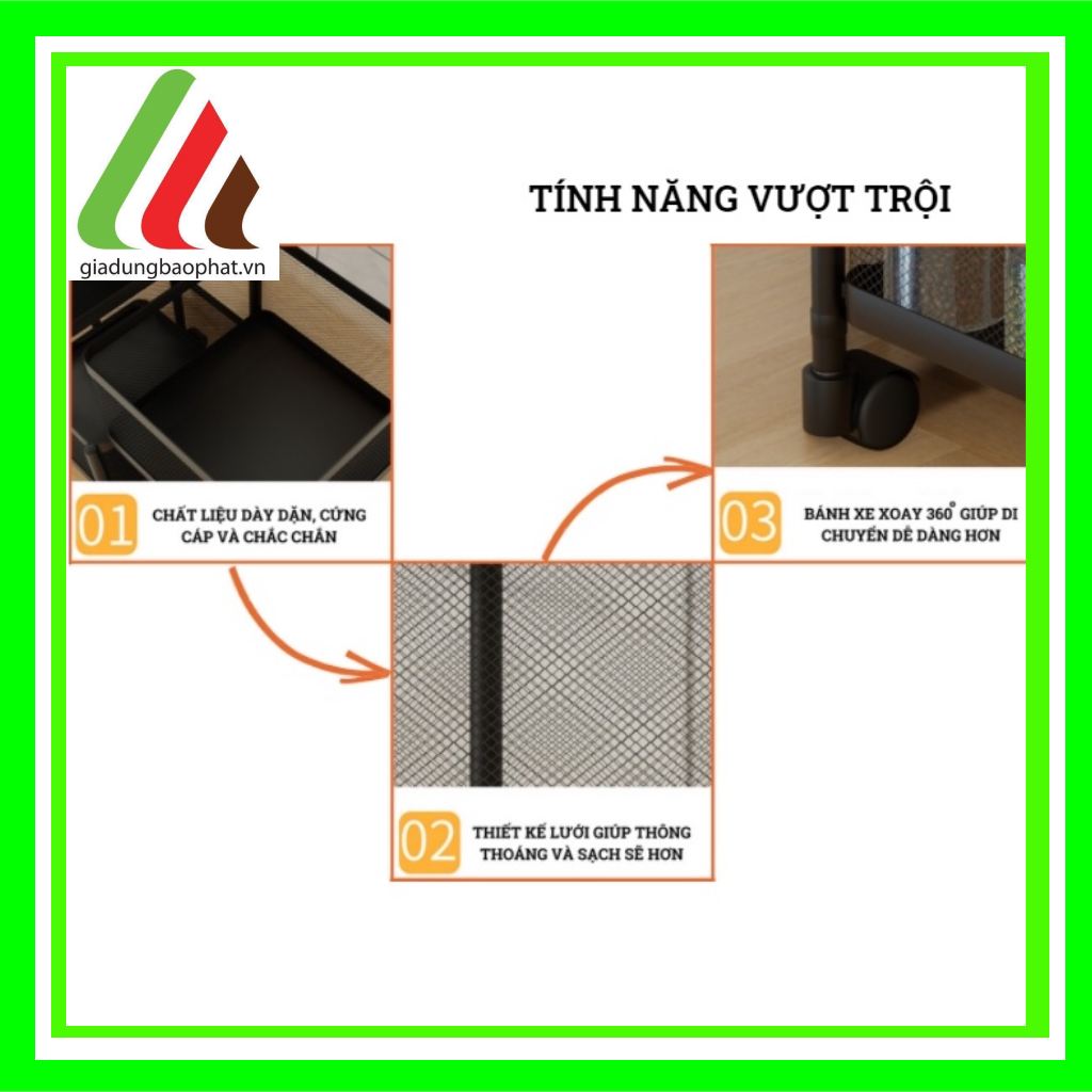 Kệ vuông tròn xoay đa năng 5 tầng để đồ nhà bếp, rau củ quả gọn gàng có bánh xe thông minh