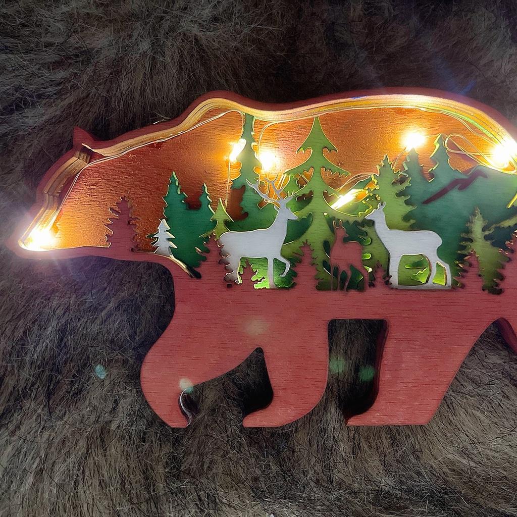 Mô hình gỗ điêu khắc hình Gấu bằng gỗ decor nghệ thuật, phối cảnh 3D kèm theo đèn led và pin, kích thước 20x16cm