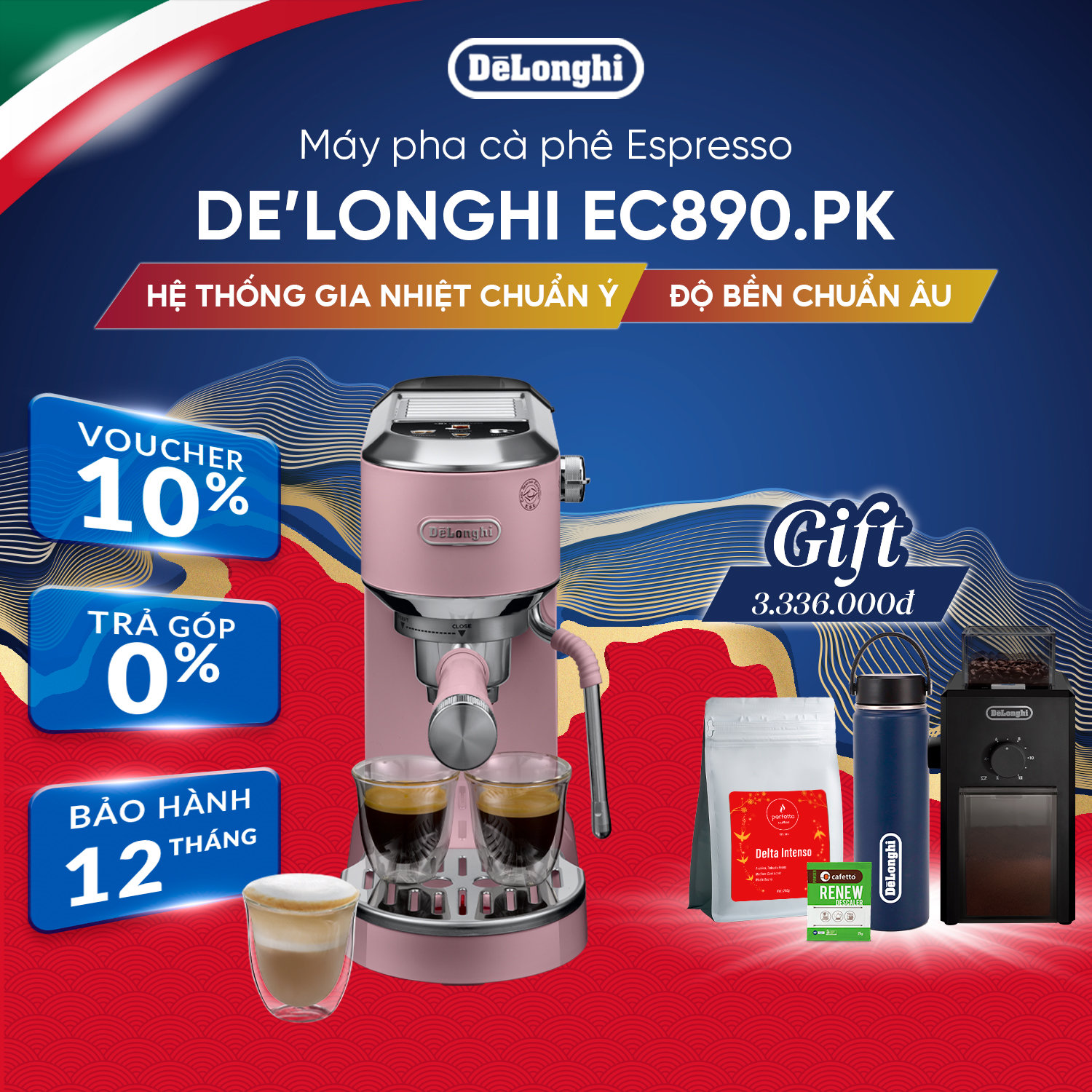 Máy pha cà phê espresso DeLonghi Dedica Duo EC890.PK - Hàng Chính Hãng