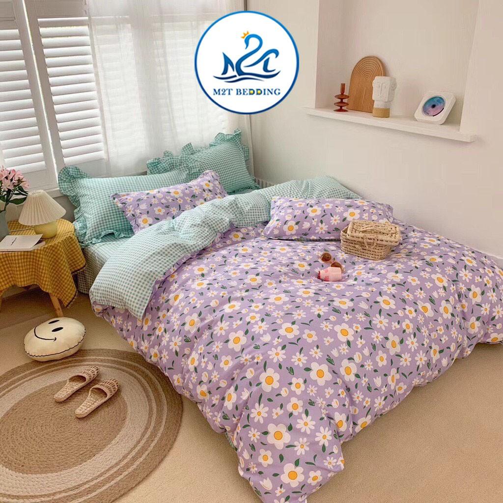 Bộ chăn ga gối Cotton poly M2T Bedding Hoa tím phối caro, vỏ chăn mền, drap nệm và 2 vỏ gối