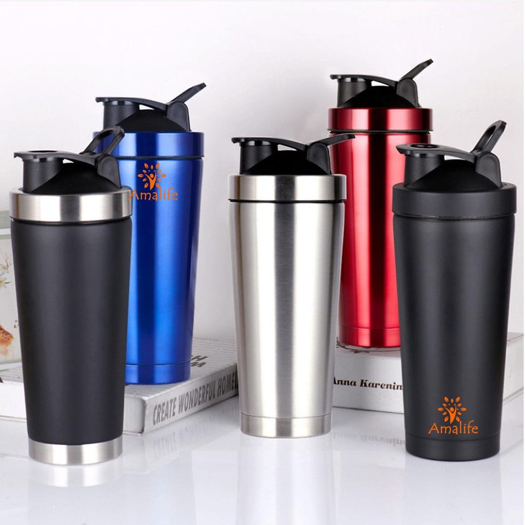 Bình Lắc Shaker Đựng Nước Inox 800ml – Màu Bạc – Tập Gym Thể Thao Chính Hãng Amalife – Kèm Bóng Lò Xo Lắc