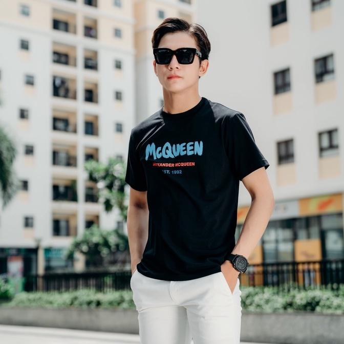 Áo thun đen in chữ xanh tay ngắn cổ tròn BLACK TEE vải cotton xuất xịn chuẩn fom TSBLT0008