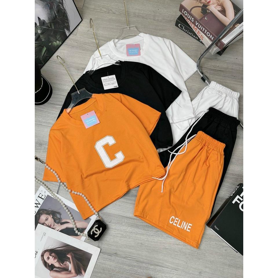 Set Quần Short + Áo Croptop CELINE Áo Croptop nữ dài tay cổ tròn, chất thun gân theo phong cách Retro Hàn Quốc