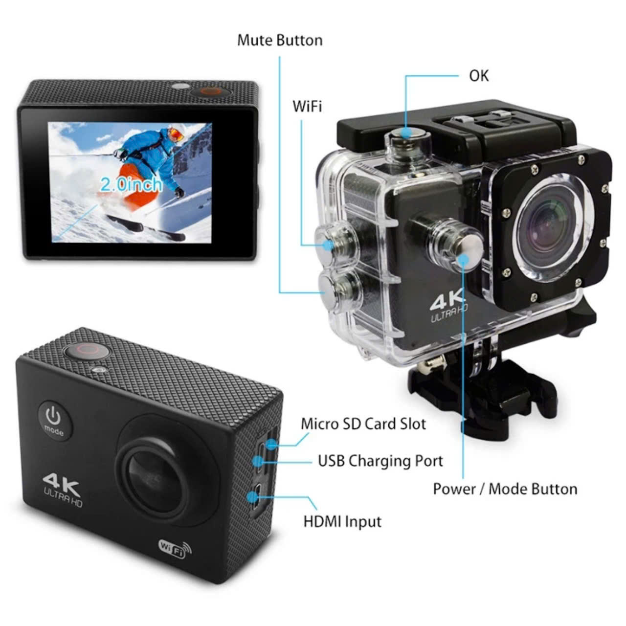 Camera Hành Trình Chống Nước Chống Rung 4K Sports Ultra HD DV Gắn Mũ Bảo Hiểm, Tay xe, gắn gương