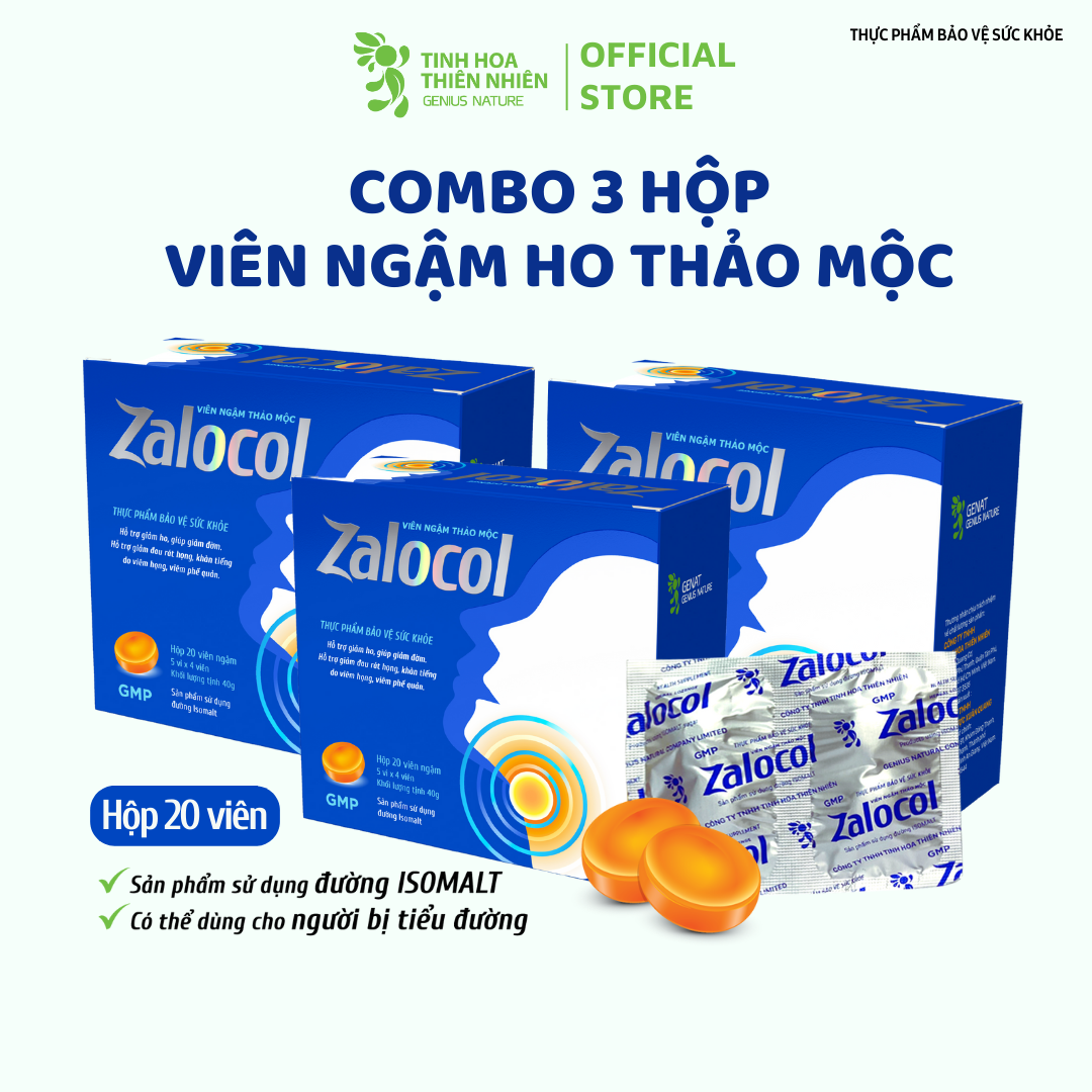 Combo 3 hộp 20 viên - Viên ngậm ho thảo mộc Zalocol Hỗ trợ giảm đờm, đau rát họng, khản tiếng - Genat - Giao 2H HCM