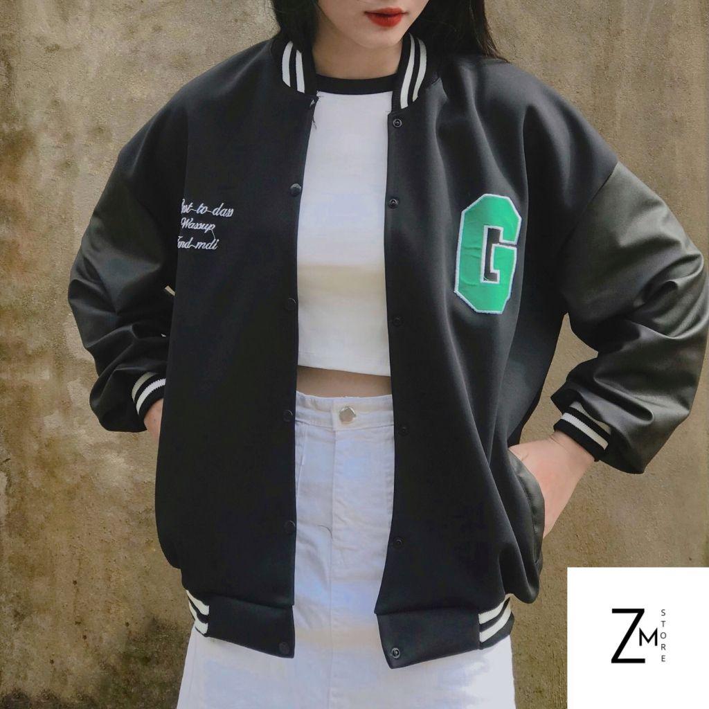 Áo Khoác Bomber Chữ G Xanh Phối Tay Da Unisex Phông Cách Trẻ Trung Năng Động Cá Tính ZMstore