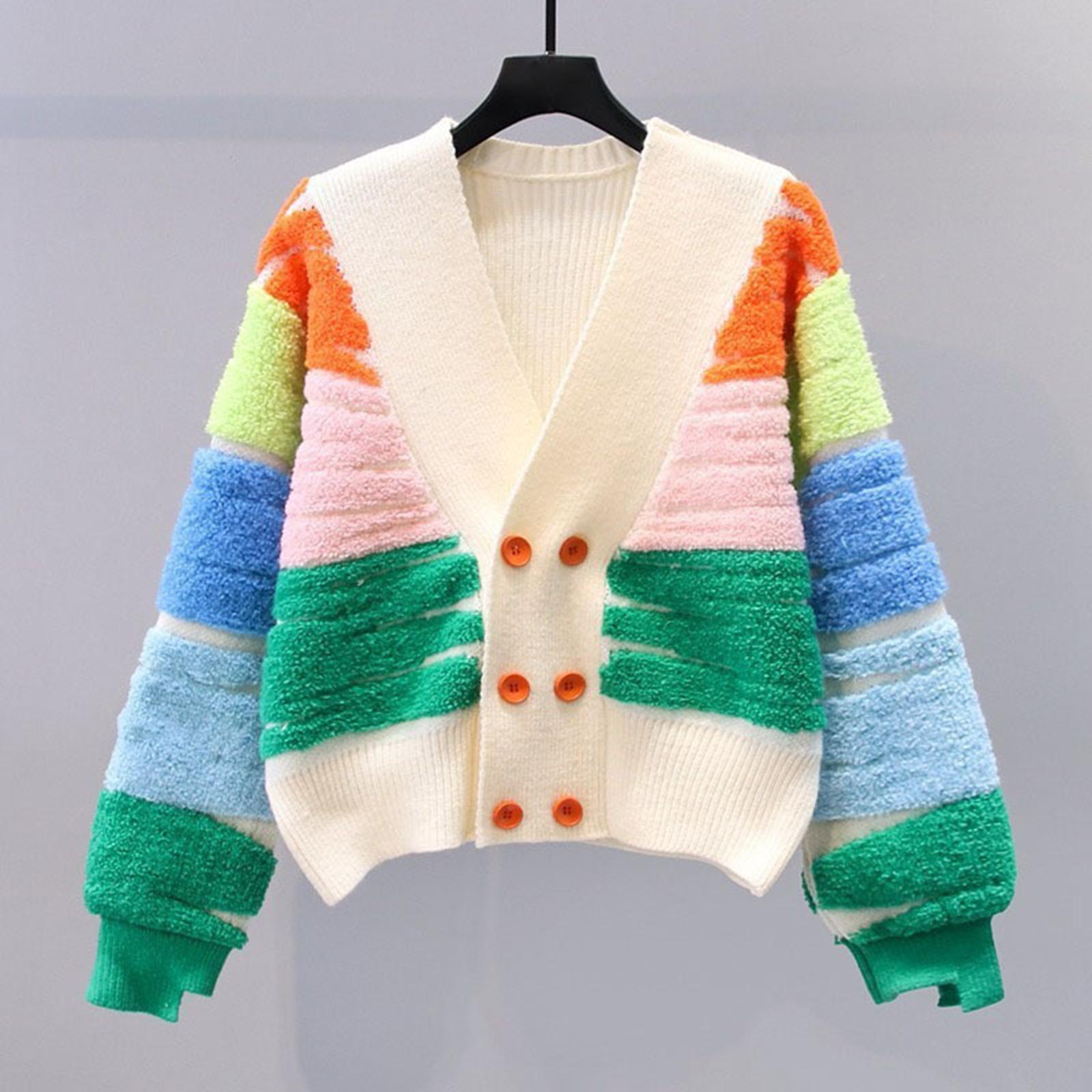 Rainbow Striped Cardigan Sweater Double Breasted Sweater Jacket Coat Button Autumn Clothing Daily Wear Long Sleeve Knit Sweater