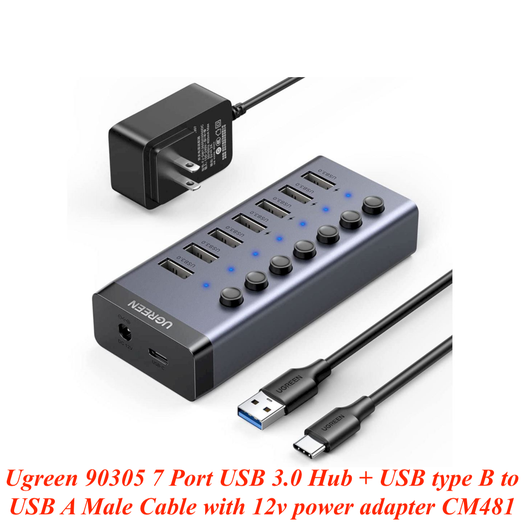 Ugreen UG90305CM481TK 7port 12/2A vỏ nhôm Bộ chuyển đổi Hub sạc thông minh USB + chia USB 7 cổng và Đèn báo LED kèm nguồn 12V / 2A - HÀNG CHÍNH HÃNG