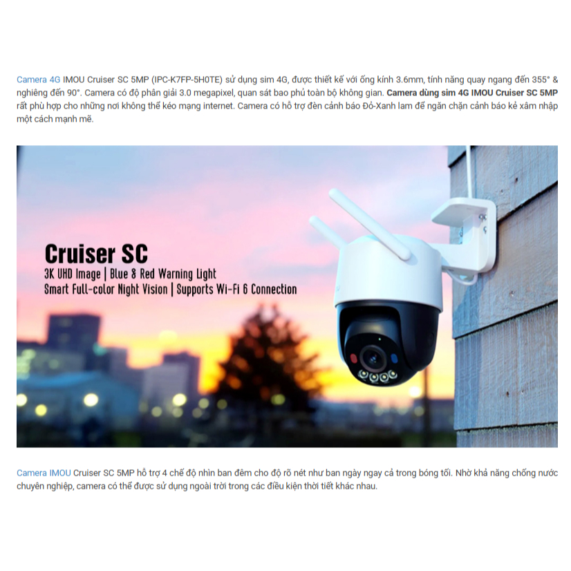Camera Dùng Sim 4G IMOU PT Full Color IMOU Cruiser SC IPC-K7FP-5H0TE 5MP đàm thoại 2 chiều - Hàng chính hãng