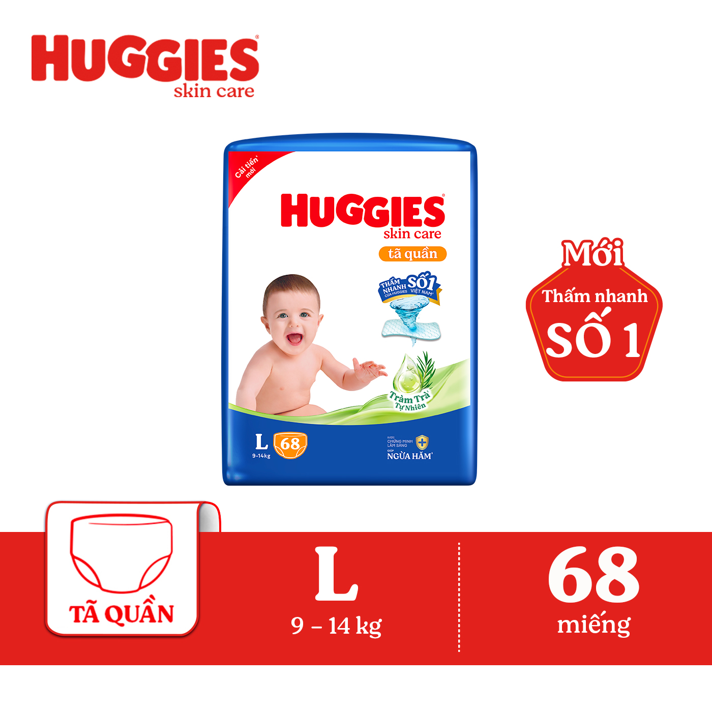 Tã/bỉm quần Huggies Skin Care Super Jumbo L68 miếng với tràm trà dịu da