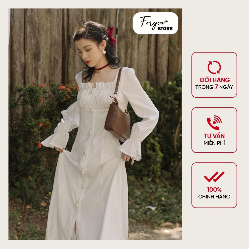 Váy đầm trắng dài nhún ngực FORYOU đầm tay dài mặc đi tiệc, đám cưới - Mia Dress