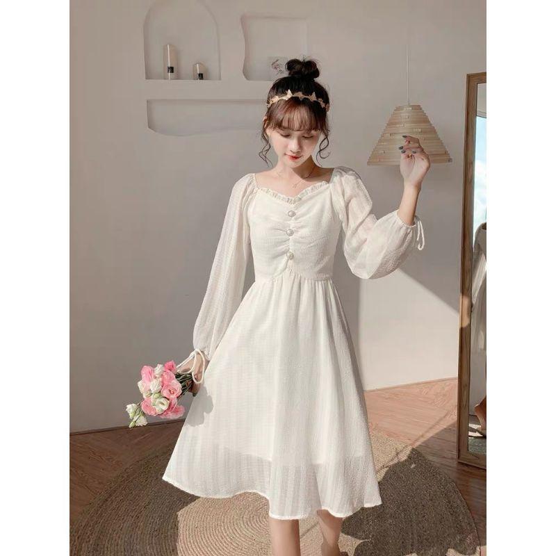 Váy babydoll, váy đi biển trắng tiểu thư, bánh bèo dáng dài tay bồng, đầm dự tiệc, đi chơi siêu xinh dáng xòe, VAY005
