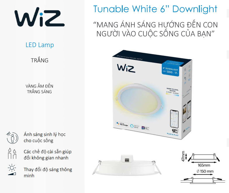 Đèn âm trần WiZ thay đổi nhiệt độ màu Wi-Fi TW/17W RD6" D150/827-65