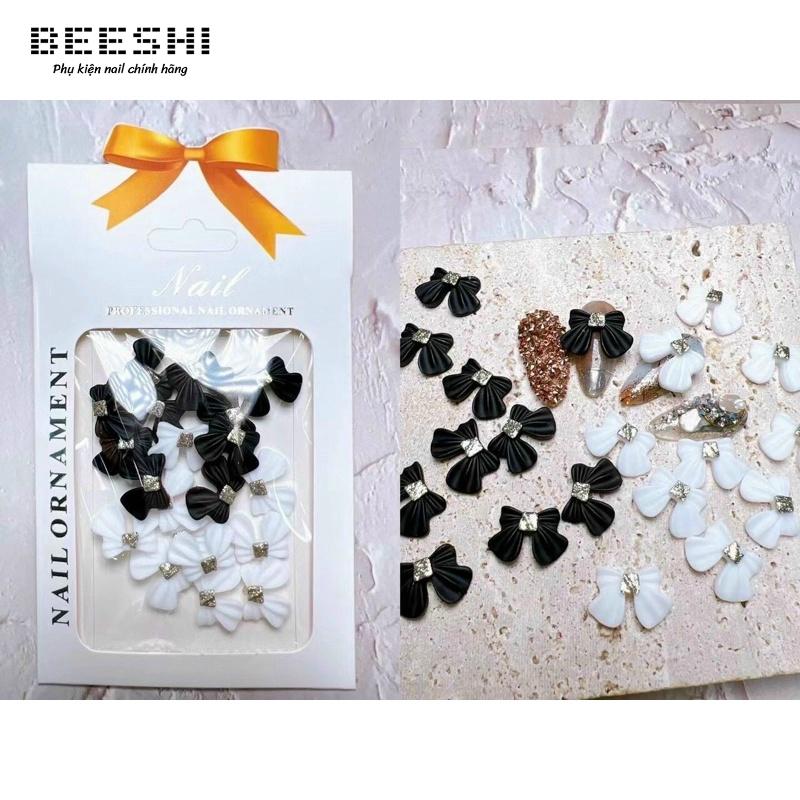 Charm nơ trang trí móng đen trắng phong cách hàn quốc-beeshi shop nail