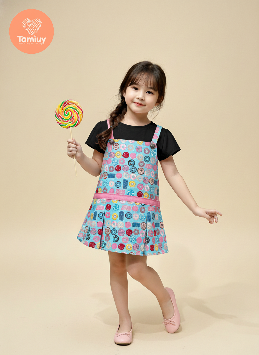 TAMIUY –   Đầm Yếm  2 Dây Thiết Kế Bé Gái Donut Muse Phong Cách Năng Động