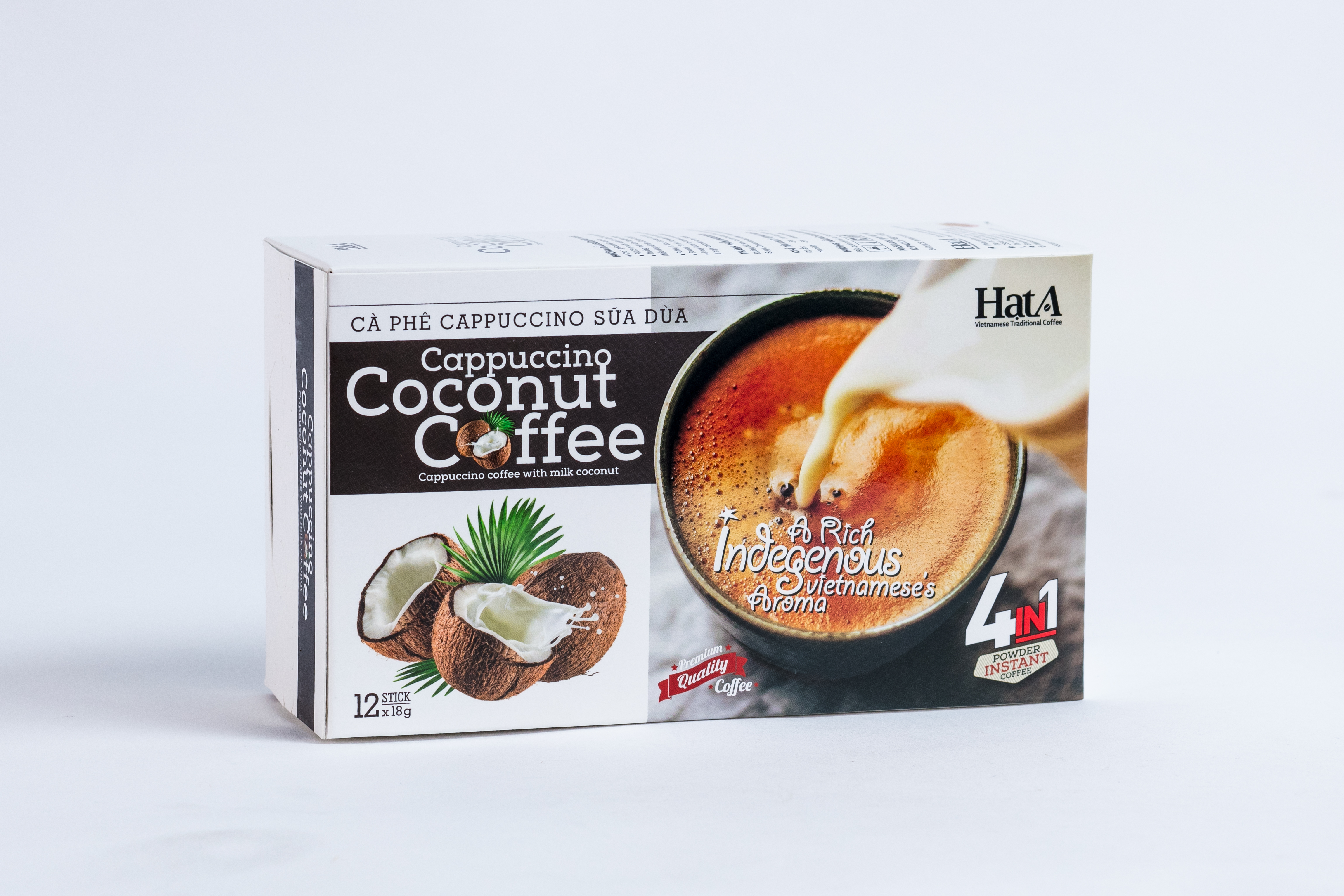 Cà phê hòa tan capuchino sữa dừa 4 In 1 Hạt A Cafe hộp 216g/ 12 Gói - sử dụng cà phê rang xay nguyên chất, cốt dừa tự nhiên vị đắng nhẹ, thơm, lớp capuchino dừa béo ngậy