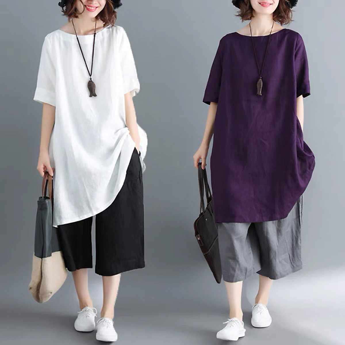 Đầm suông cổ tròn tay lỡ basic Linen bột Premium 3 màu lựa chọn