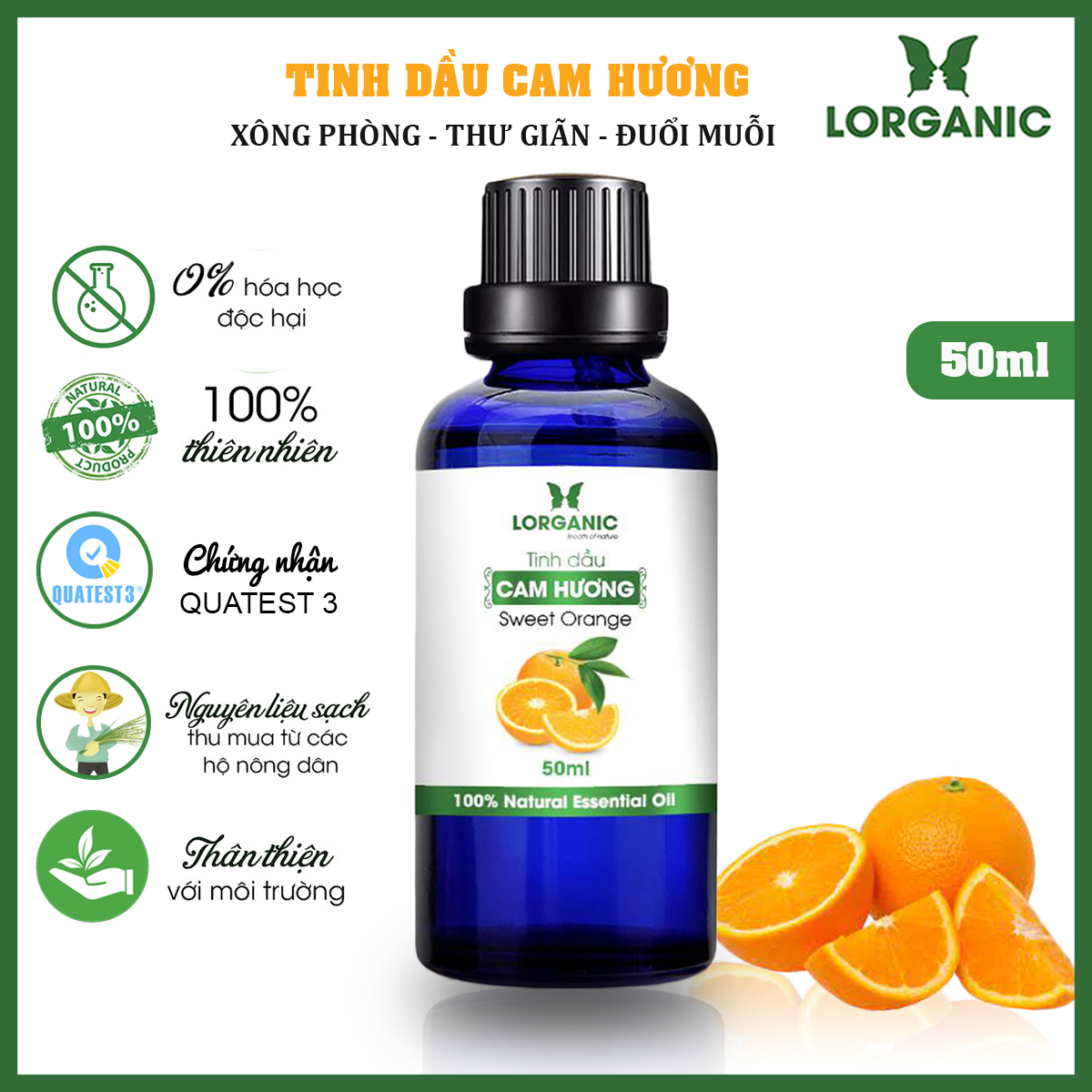 Combo tinh dầu cam hương Lorganic +tinh dầu cam hương Lorganic treo xe hơi, tủ áo