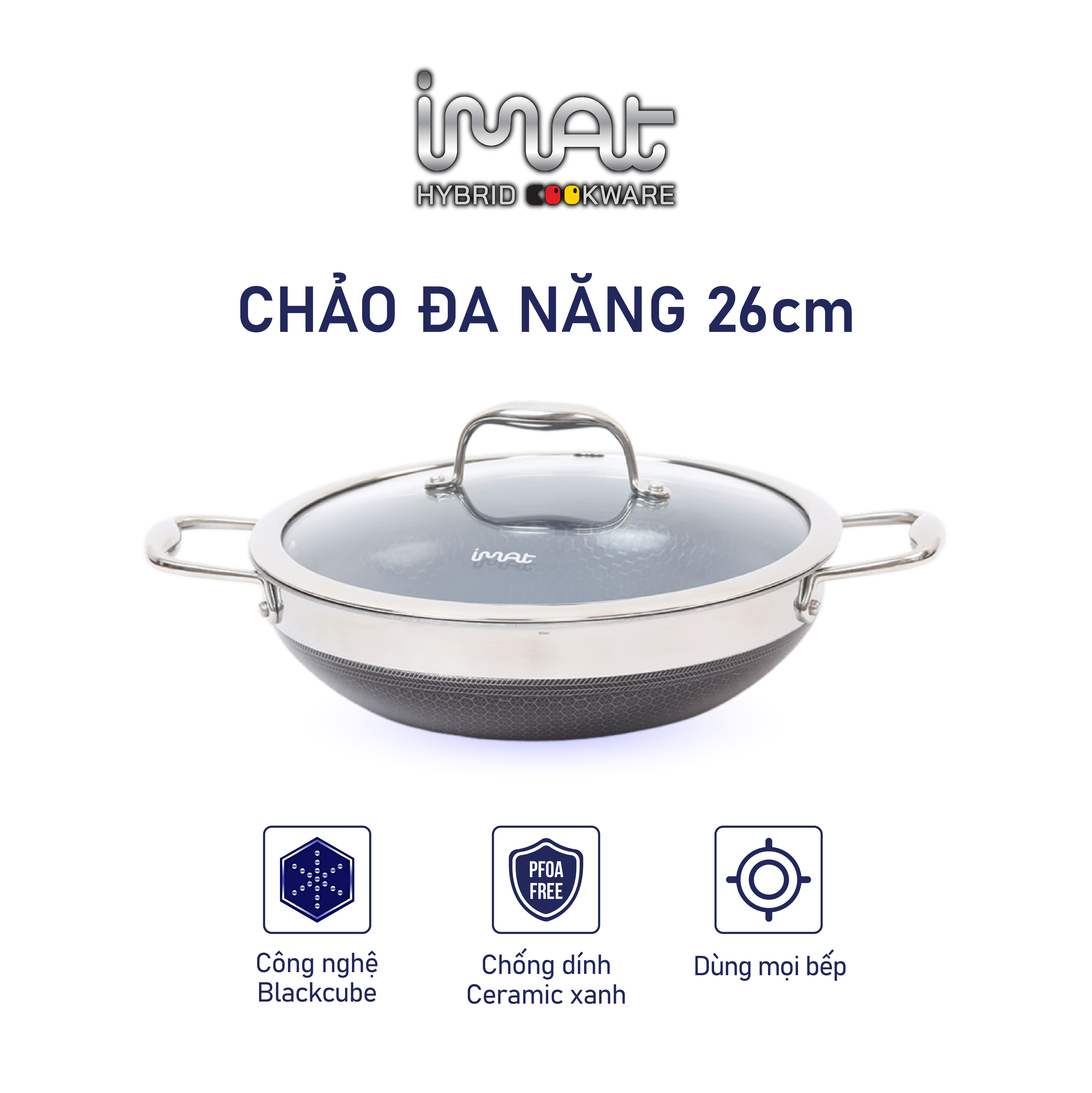 [Hàng chính hãng] Chảo chiên/ rán iMAT Hybrid Blackcube chống dính Ceramic lòng xanh mới size 22cm