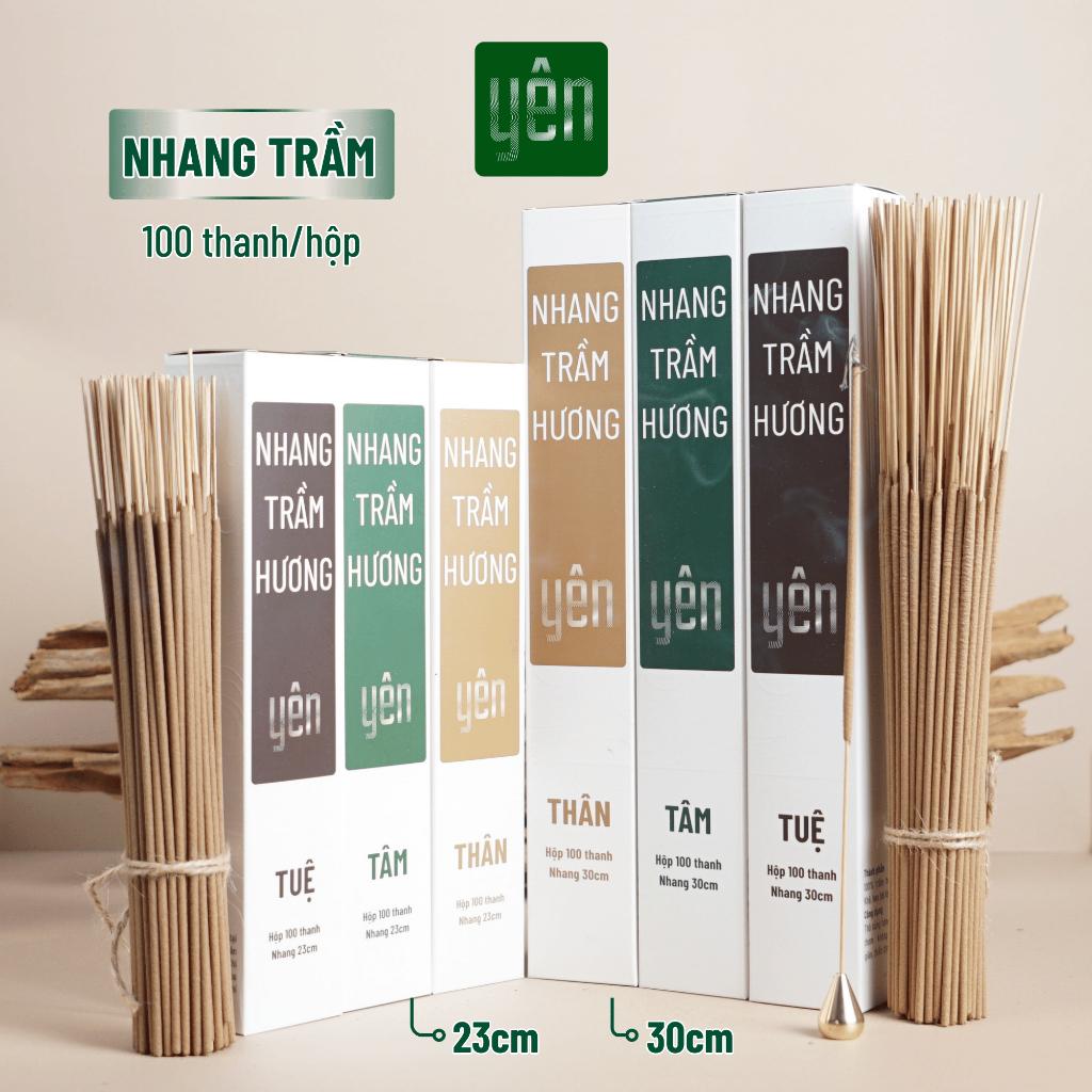 Nhang Trầm Hương Yên 23-30cm Hộp 100 thanh Loại Thân, Tâm, Tuệ Tự Nhiên Ít Khói Dùng Thiền Thờ Cúng - Trầm Tâm