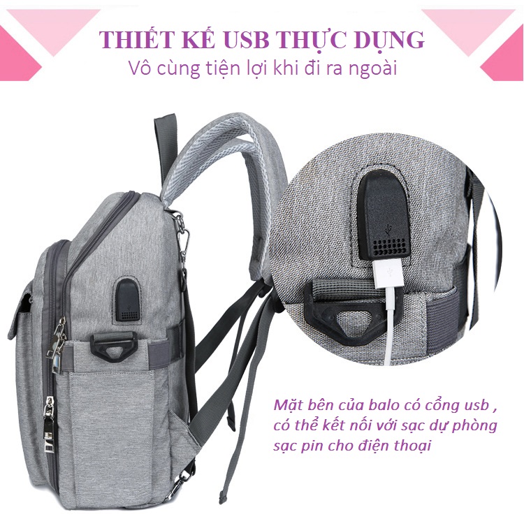 Balo Bỉm Sữa Có Đai Giữ Em Bé có Cổng USB