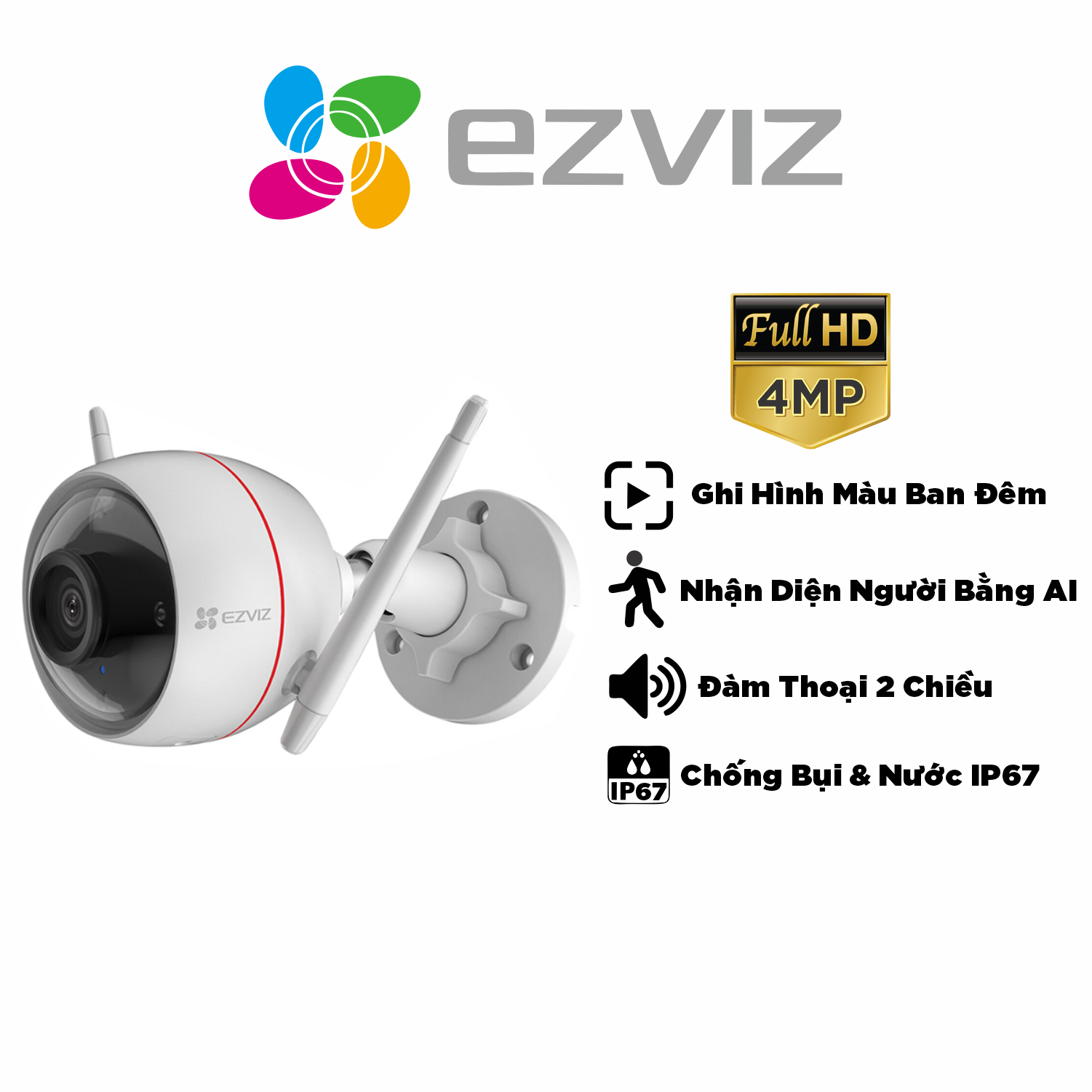 Camera EZVIZ C3W PRO 4MP, WIFI, Chống Nước IP67, Ghi Hình Màu Ban Đêm, Âm Thanh 2 Chiều, Đèn và Còi Báo Động - Hàng Chính Hãng