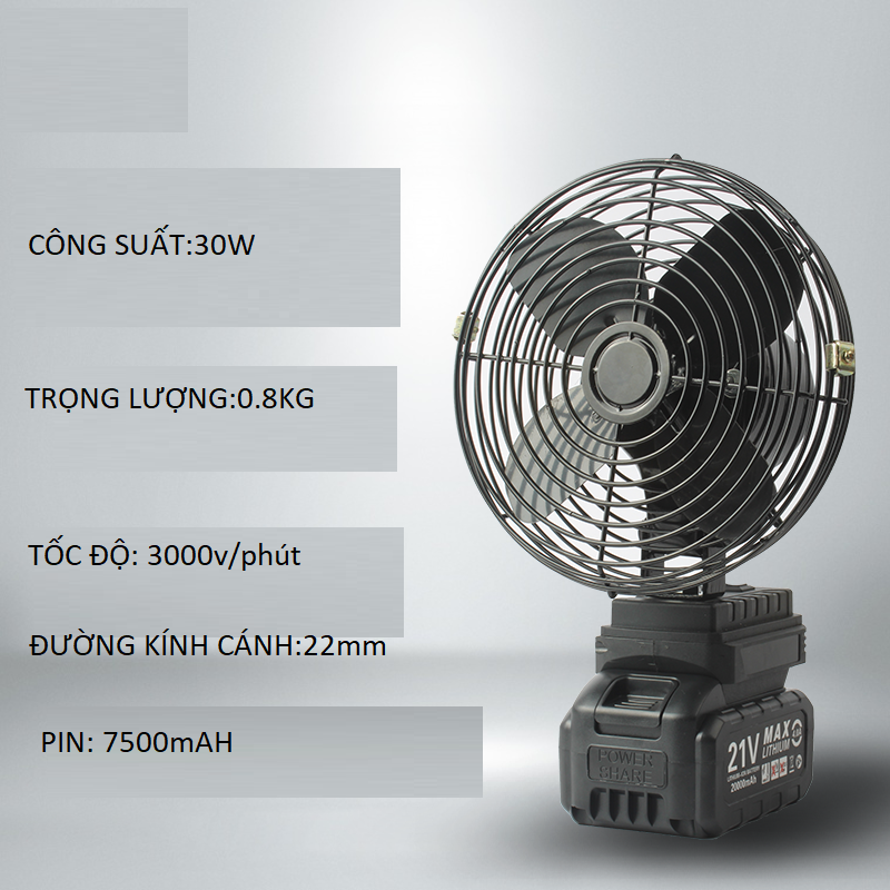Quạt Tích điện giá rẻ sử dụng pin 21V-7500mAh, Quạt đi picnic, câu cá tiện lợi trọng lượng nhẹ tiện lợi