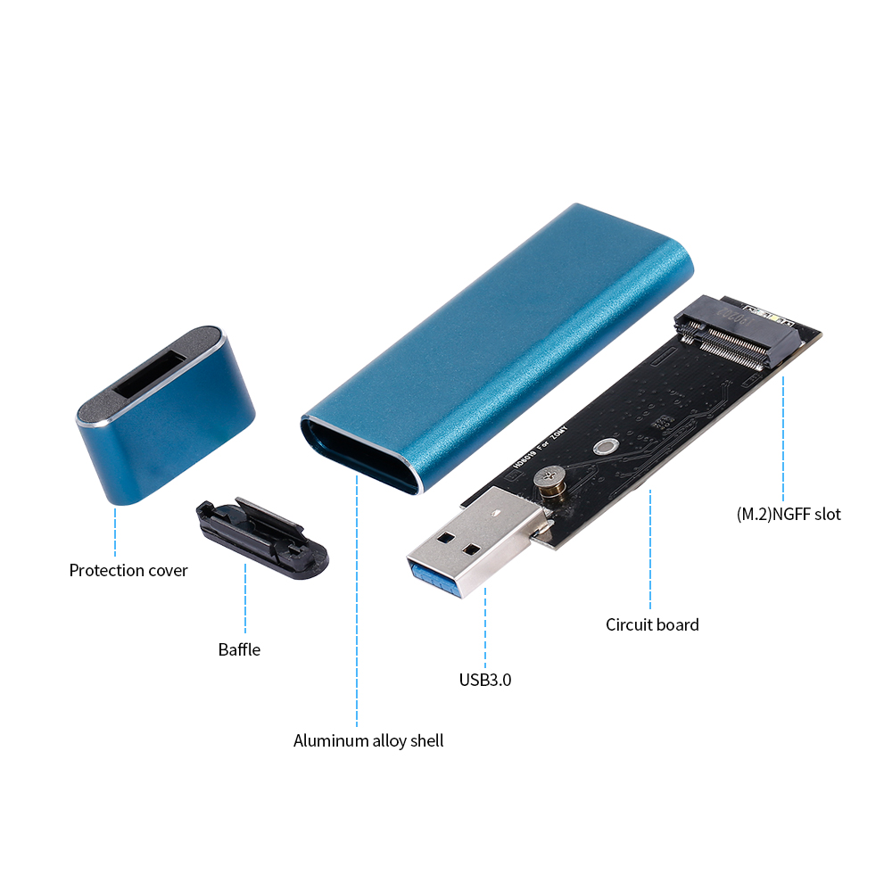USB 3.0 Đến M.2 Ngff Vỏ SSD Ổ Cứng Hợp Kim Nhôm Loại Đĩa U SSD, Vỏ Ngoài Màu Xanh Lam