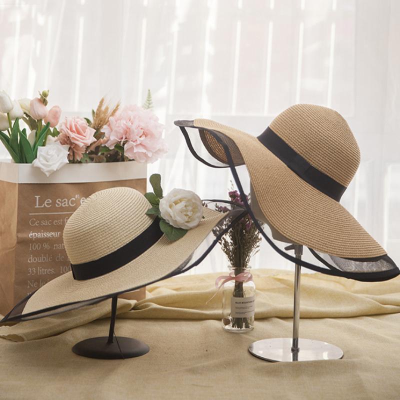 HT2504 Hat Mùa Hè Chống tia UV Nữ Nón Rộng Vành cho Nữ Đồng Bằng Đĩa Mềm Mùa Hè Băng Mũ Rơm cho Nữ Nữ Lưới nón vành Đi Biển Xinh Xắn