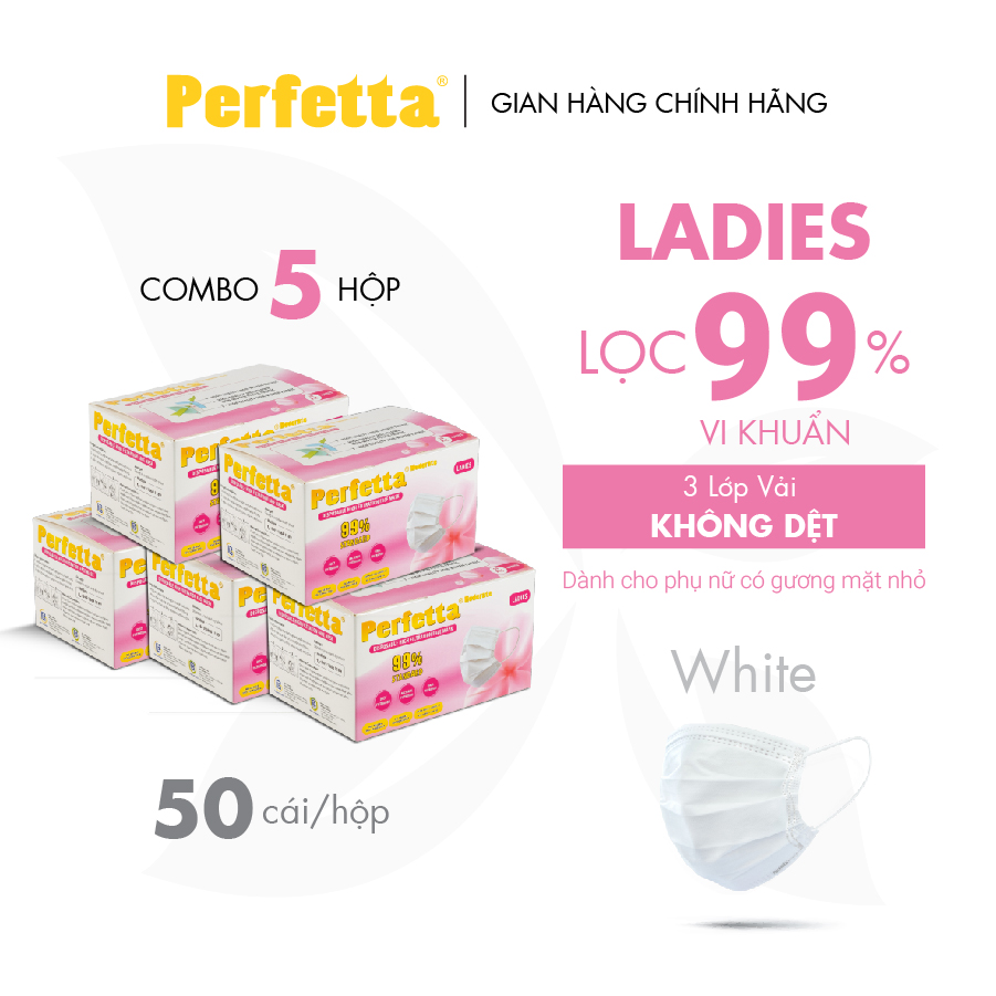 [Combo 5 - PERFETTA LADIES] - Khẩu Trang Dành Cho Phụ Nữ Chất Lượng Cao, Kháng Khuẩn, Chống Bụi Mịn, Màu Trắng, 3 Lớp, Bảo Vệ Tối Ưu - (50 cái/hộp)