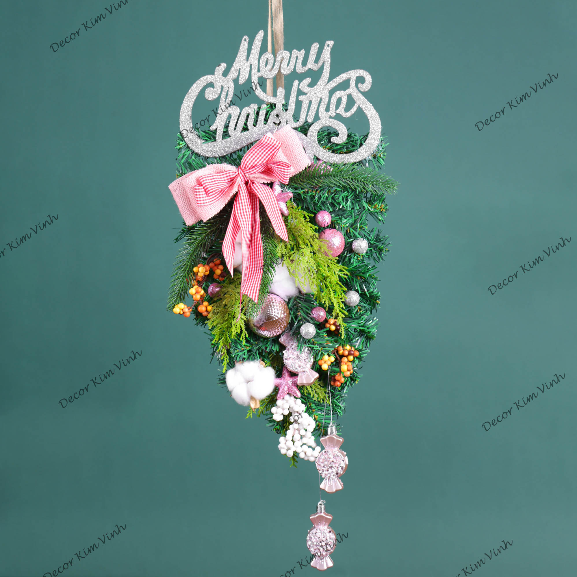 Dây Treo Chùm Thông CT07 Chùm Thông Merry Nơ Caro Hồng Trang Trí Noel Kèm đèn