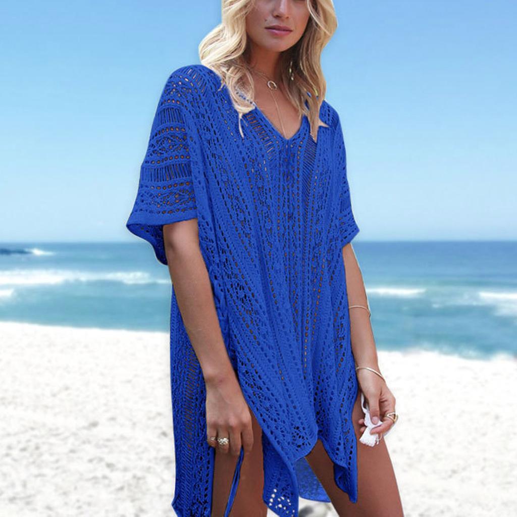 Womens V-Neck Swimwear Hollow Out Swimsuit Cover Up Knitted Beach Dresses