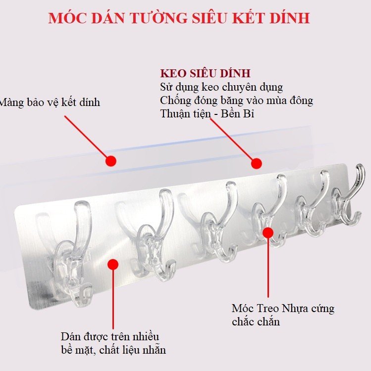 Combo 2 thanh móc dán tường 6 móc cao cấp treo quần áo, đồ nặng