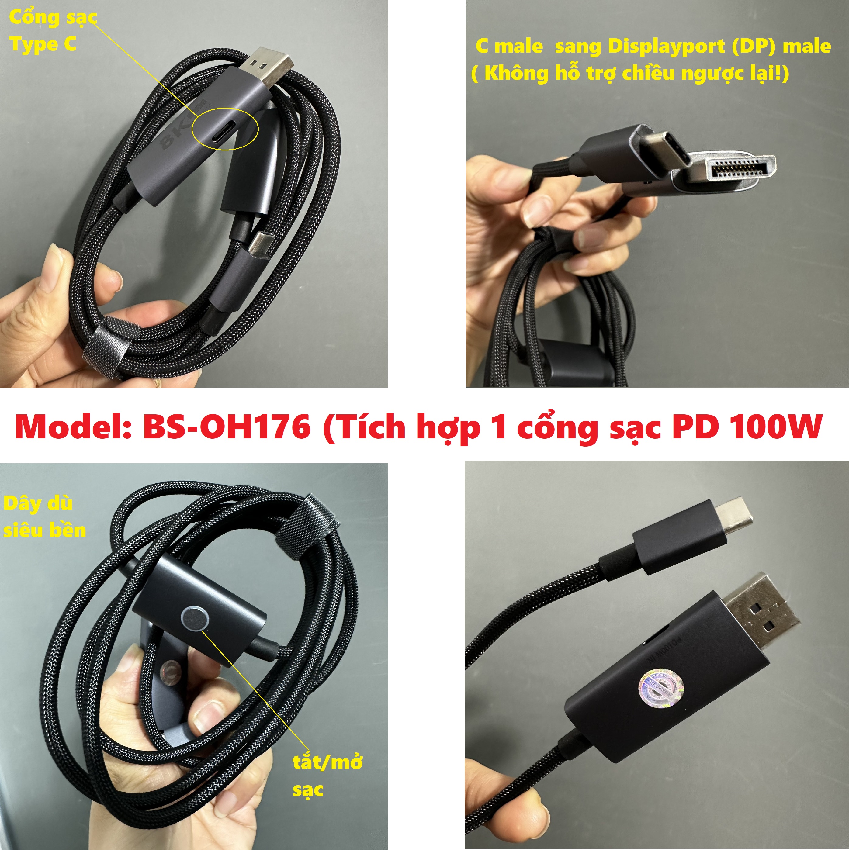 Dây Type C to Displayport (DP) truyền tải video 8K@60Hz tích hợp sạc PD 100W Baseus High Definition BS OH176 _ hàng chính hãng