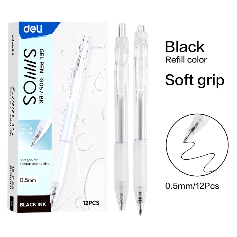 Hộp 12 Bút gel Deli EG057 ngòi 0.5mm - Mực xanh, đen, mực viết trơn tru dùng viết sổ caligraphy