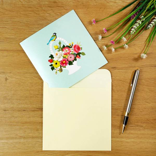Thiệp 3D Pop Up Giỏ Hoa &amp; Chim – Thiệp Hoa Chúc Mừng, Sinh Nhật, Tri Ân, Độc Đáo, F18