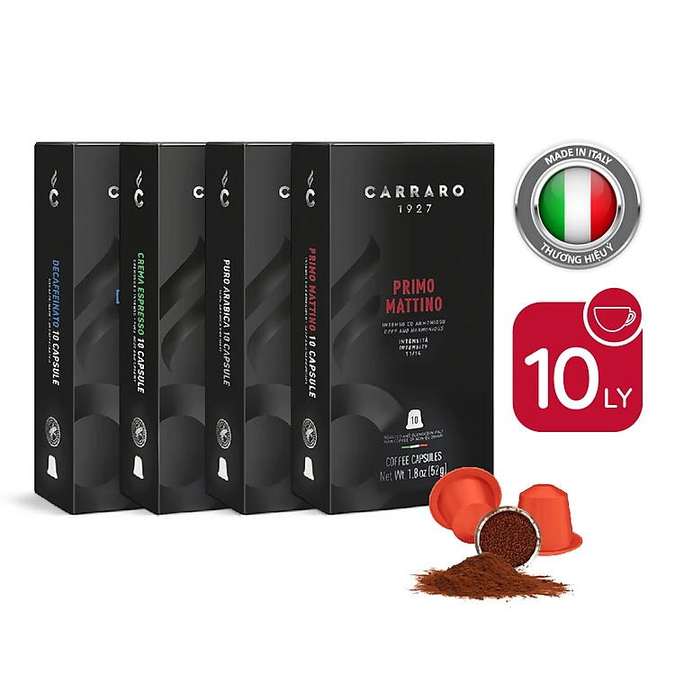 Combo trải nghiệm 4 hộp cà phê viên nén Carraro - Tương thích với máy capsule Nespresso - Đa dạng hương vị - Hàng nhập khẩu